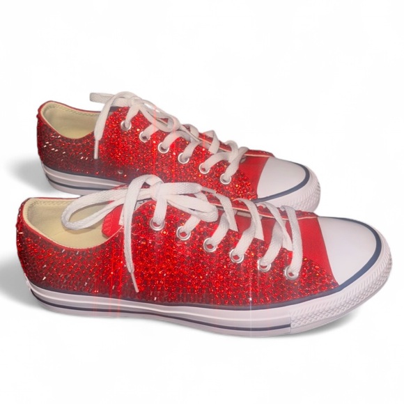Siam Red Luxe Crystal Red Low Top Converse Sizes 5-14 With Ribbon Laces - Picture 1 of 16
